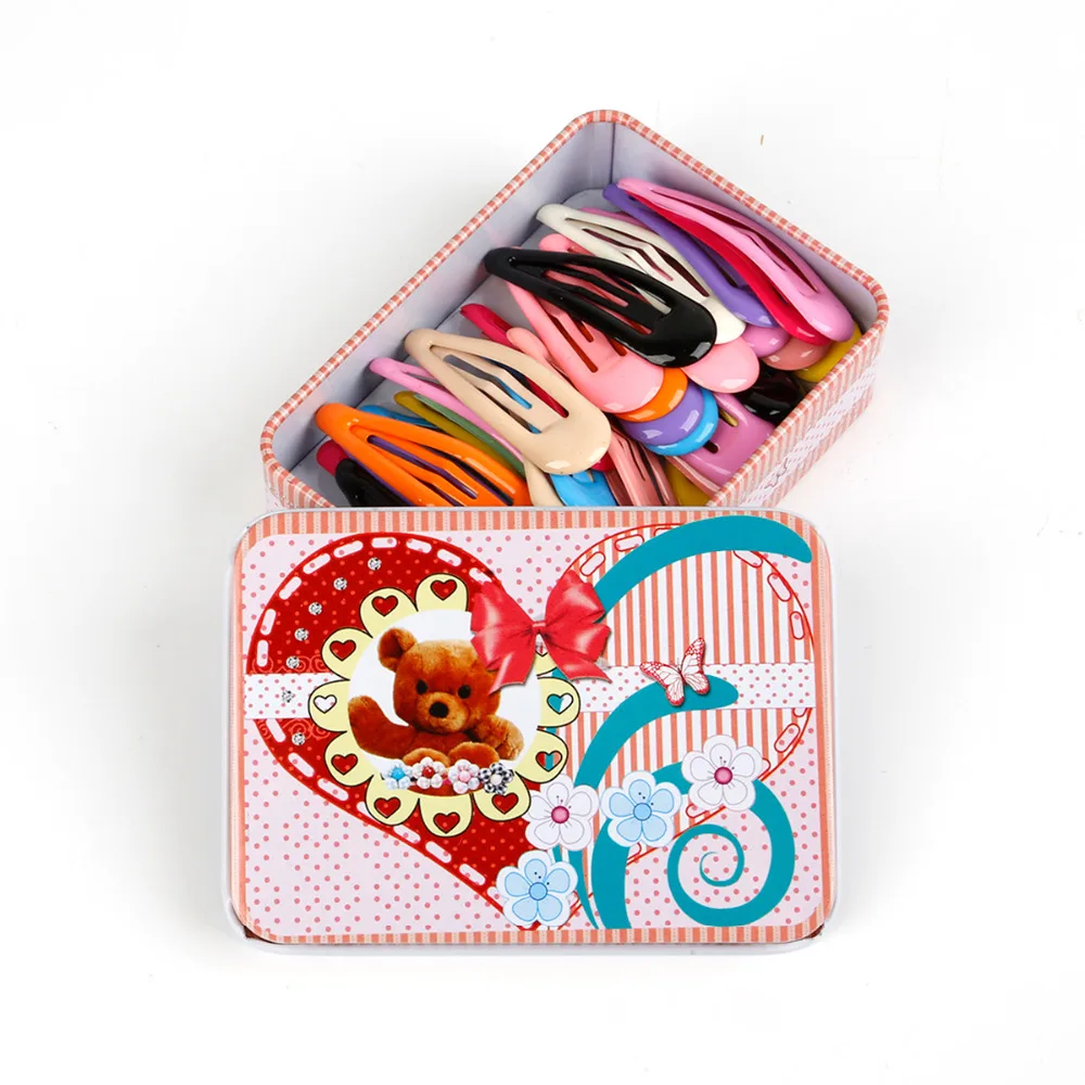 24pcs/box Candy Color Dripping Oil Iron safety Hair Clip for children Hair Ornament Accessories Random pattern tin box packaging Jewelry Findings