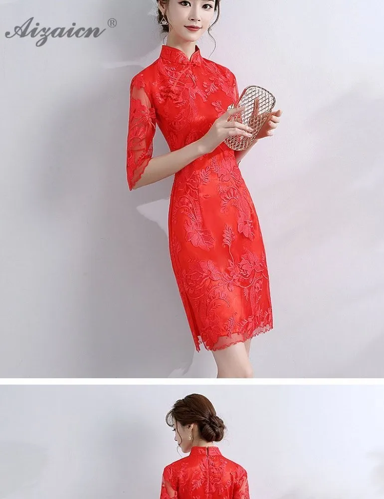 Rojo de la novia de encaje Qi Pao las mujeres boda tradicional vestido Mini vestido de estilo Восточное vestido de noche Qipao