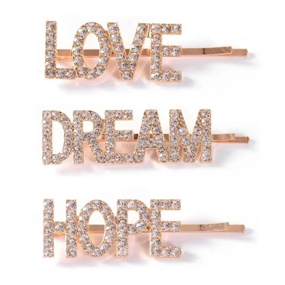 

3Pcs/Set Ladies Girl Minimalist Style Hair Clips Metal Alloy Pretty LOVE HOPE DREAM Glitter Rhinestone Hairpins Wedding Barrette