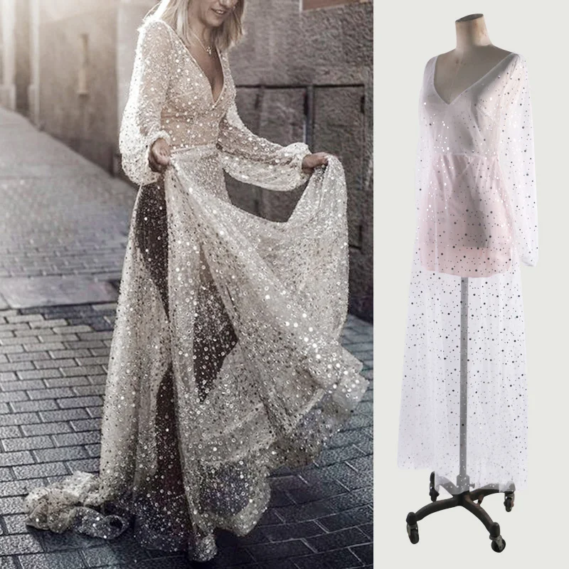 

Womens Glitter dress V-neck Fairy Style Wedding Bridesmaid Party beach holiday vacation Dress sexy see through long dresses