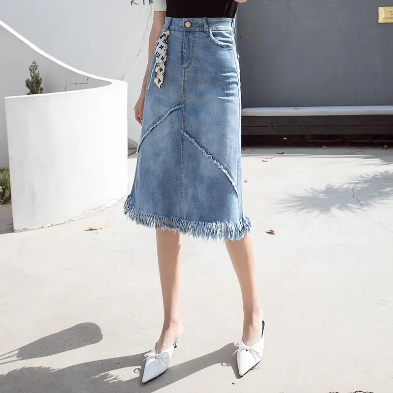 Женская одежда, джинсовая ткань, вареные юбки, разрезные юбки, высокая талия, тонкие женские юбки, ковбойский однотонный платок