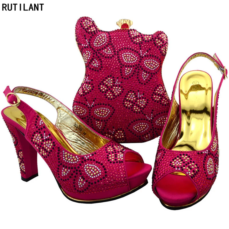 

Shoes and Bag Set African Sets Fuchsia Color Ladies Matching Shoes and Bag Set Decorated with Rhinestone African Party Shoes Bag