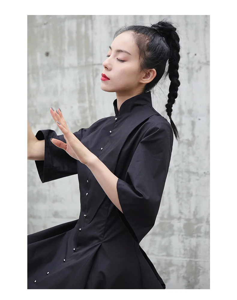 Cakucool/Новинка года; стильное хлопковое платье с отделкой; тонкое платье в китайском стиле; маленькое черное платье средней длины с вертикальным воротником и пятью рукавами
