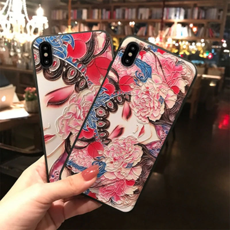 

Chinese Style For iPhone7 8 6 6s plus xs max xr x Case 3D Emboss Case Soft Silicone TPU Flower Pattern Beautiful Girl Protection