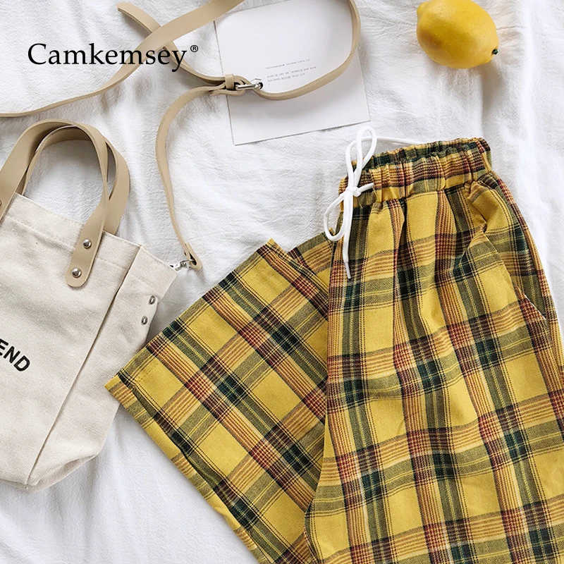 

CamKemsey Japanese Harajuku Loose Harem Pants Women Fashion Yellow Plaid Casual Elastic Waist Ankle Length Wide Leg Pants 2019