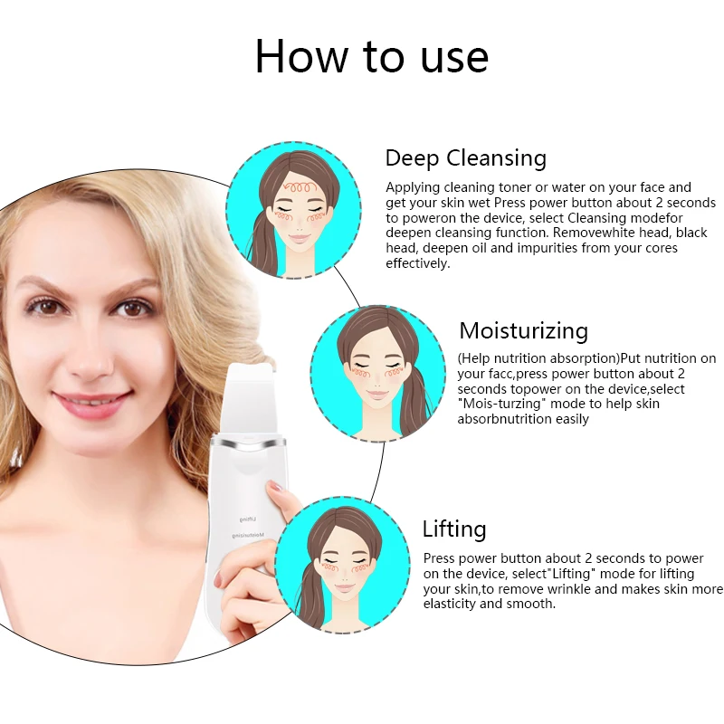  Ultrasonic Ultrasonic Scrubber Skin Spatula Peeling Shovel Facial Pore Cleaner Blackhead Remover Fa