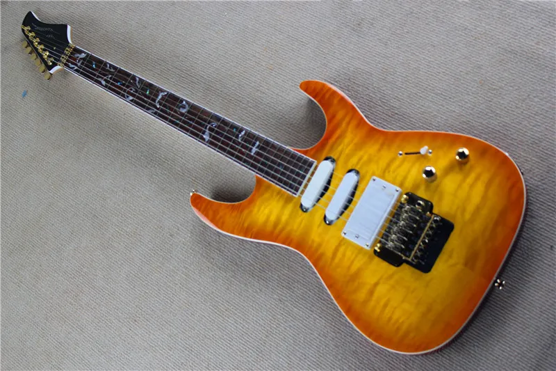 Factory custom floyd rose orange body electric guitar with SSH pickups,golden hardware,body binding,can be customized