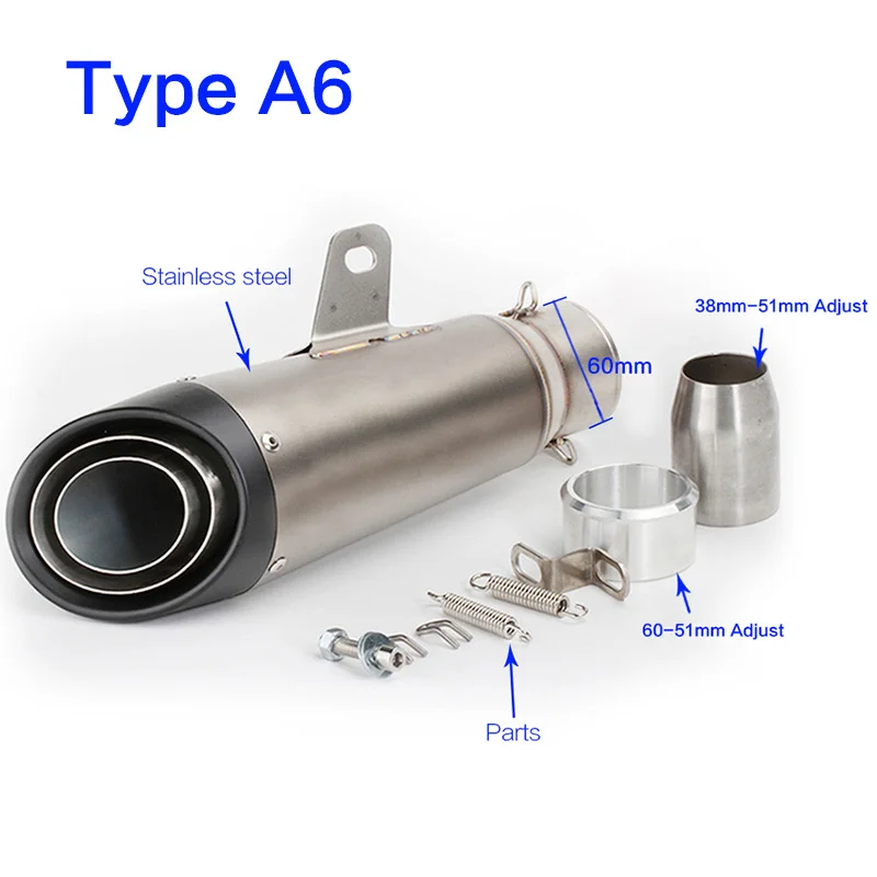 Универсальный 60-51 мм мотоцикл глушитель выхлопной трубы модифицированный sc выхлопных газов полная система для kawasaki er6n fz1 cb400 crf 230 cbr650f - Цвет: Type A6