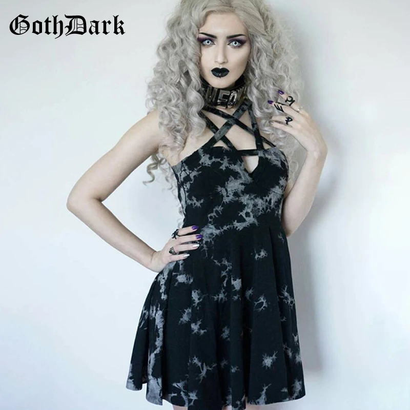 

Goth Dark Aesthetic Grunge Gothic Dresses Black Pentagram Asymmetrical Hollow Out High Waist Female Dress Pleated Sexy Backless