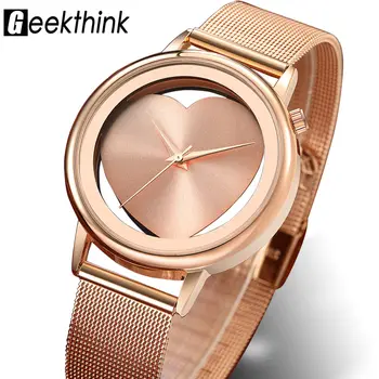 

Geekthink Rose Gold Watch Women Fashion Stainless Steel Mesh Women Watches Quartz Heart-shaped Design Luxury Ladies Watch