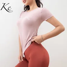 KE спортивная рубашка женская синяя грудь с буквенным принтом спортивная футболка женская йога повседневная быстросохнущая одежда летняя Женская Девушка