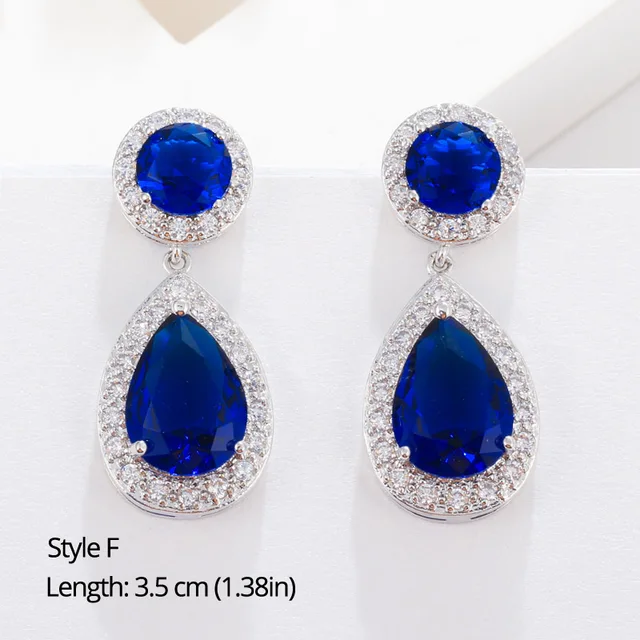 BeaQueen Leaf Flower Teardrop Cubic Zircon Royal Jewellery Big Dark Blue CZ Crystal Long Dangle Wedding Earrings for Women E293 Style F