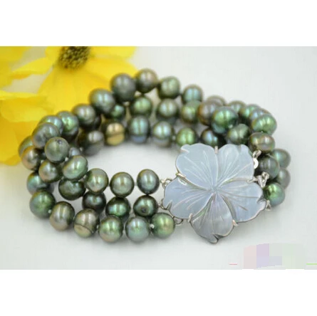 

P4726 3row 8" 9mm green round freshwater cultured pearl bracelet@^Noble style Natural Fine jewe SHIPPING new >>free shipping