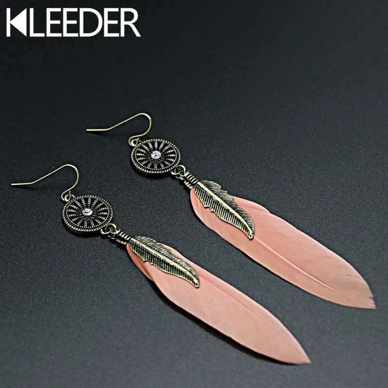 

KLEEDER Retro Feather Long Drop Earrings Metal Vintage Bohemia Dream Catcher Boho Pendant Earring for Women Fashion Jewelry Gift