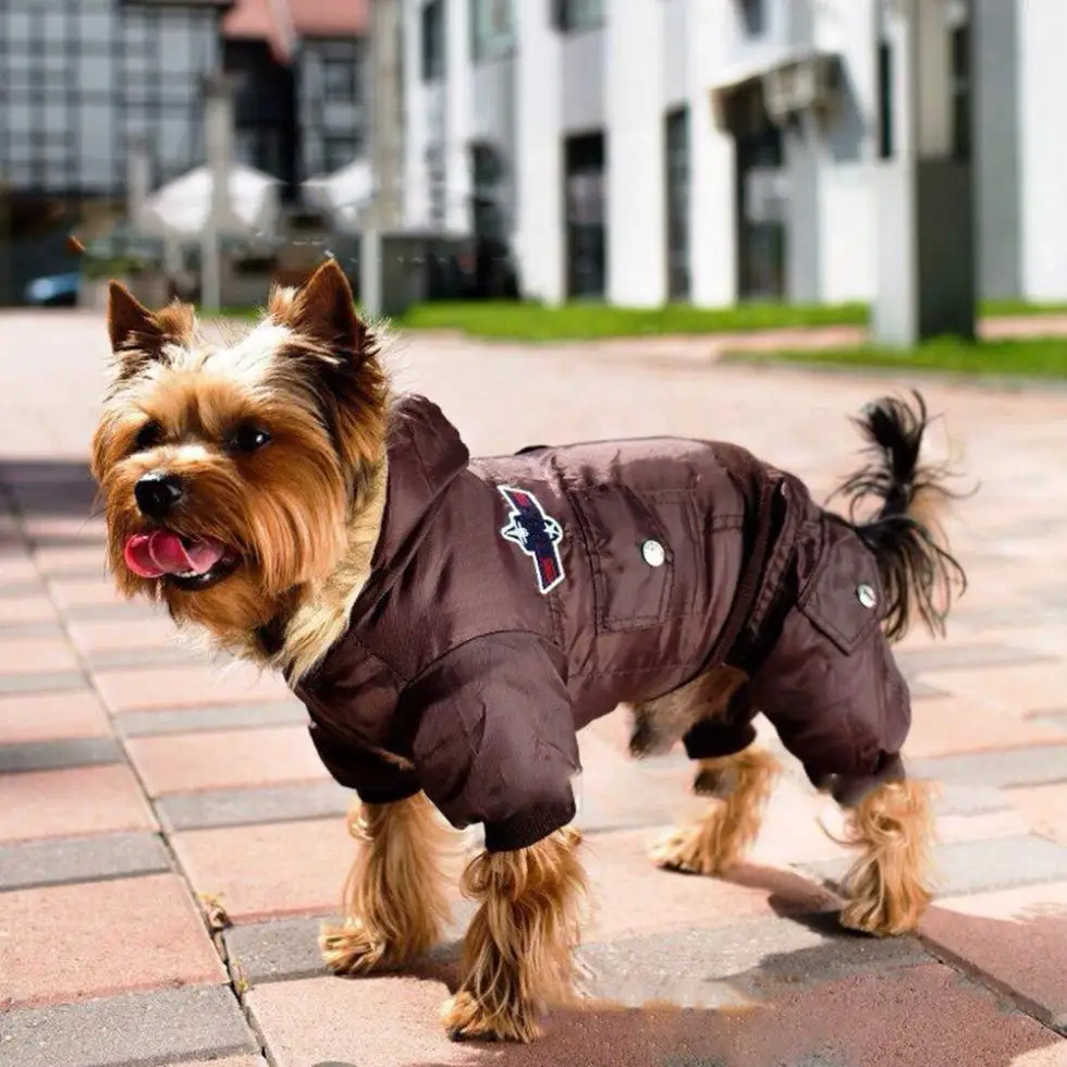 Зимнее пальто для собак теплая одежда для домашних животных стеганые куртки с капюшоном четыре ноги комбинезон брюки одежда XS-4XL размера плюс - Цвет: Brown