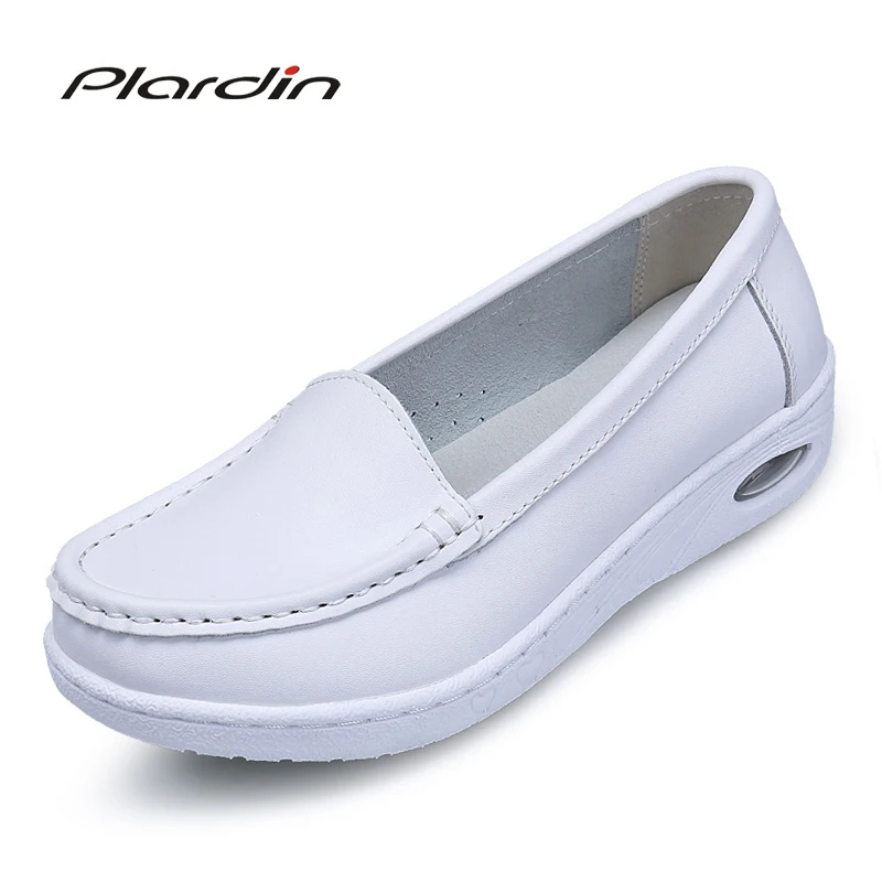 

Four Seasons 2018 Woman Pure White Nurse Shoes Women Platform Soft Comfortable Air Cushion Casual Genuine Leather Antiskid Shoes