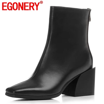 

EGONERY women shoes newest genuine leather high quality high square heel zipper square toe fashion black and white ankle boots