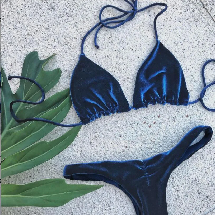 

New Stretch Velvet Bikini Set Wire Free Halter Bathing Suits Women Solid Navy Swimwear Low Waist Sexy Trikini Biquini 2019