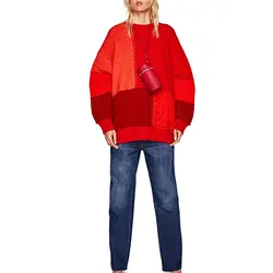 Лоскутная Свободные Свитера womanPullover красные модные британский стиль Женские джемпера больших Размеры женский свитер для woman8A6002