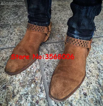 

Brown Studs Embellished Buckle Strap Fashion Handmade Brand Mans Flats Boots Shoes Zipper Riding Motorycle Boots Shoes High Top