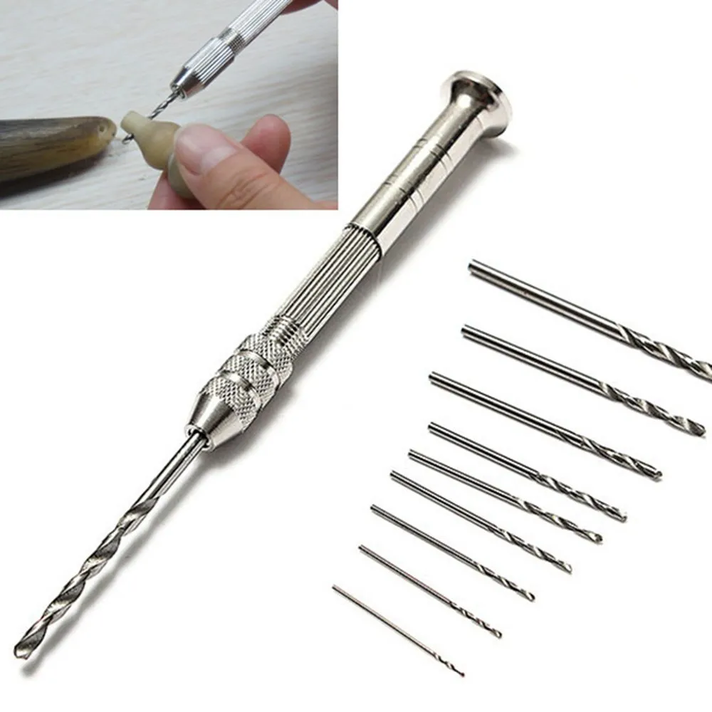 

1 X Hand Twist Drill 10pcs Bits 0.7-3mm Jewelers Sliding Drilling Metal Spiral with Set for Diy Tool Hand Tools Leather Silver