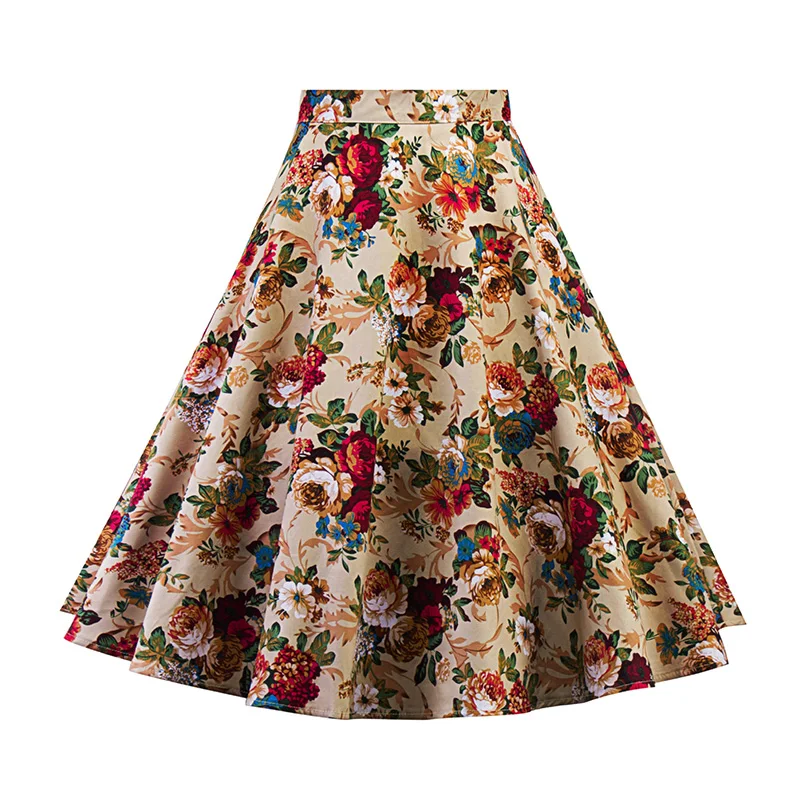Kostlich 2017 New Summer Skirts Womens Print Floral High Waist 1950s 60s Vintage Midi Skirt Casual A-Line Big Swing Women Skirt (9)