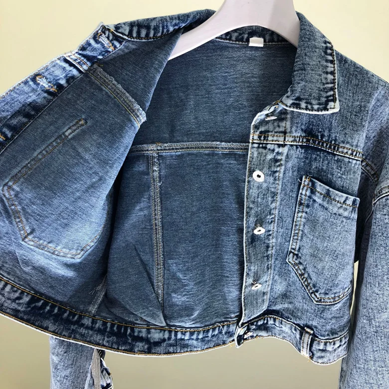 Fashion heavy duty tassel small chain wash short jacket denim women's jacket Autumn bat short sleeve jeans jacket woman