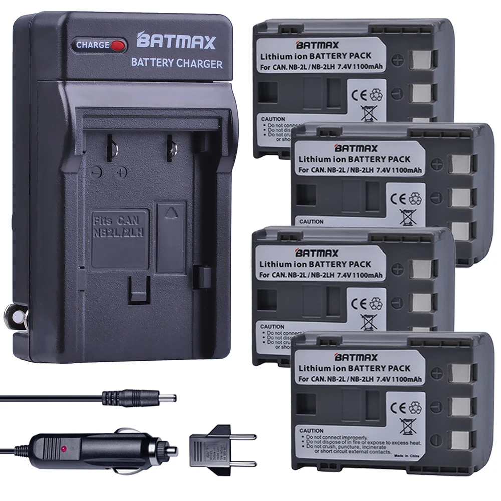 Batmax 4 Pezzi Nb-2Lh Nb 2L Batteria Per Fotocamera Nb-2L + Caricabatteria Per Auto Per Canon Nb2L Bp 2Lh 2L5,Dc310 Dc320 Dc330 Dc410 Eos 350D 400D