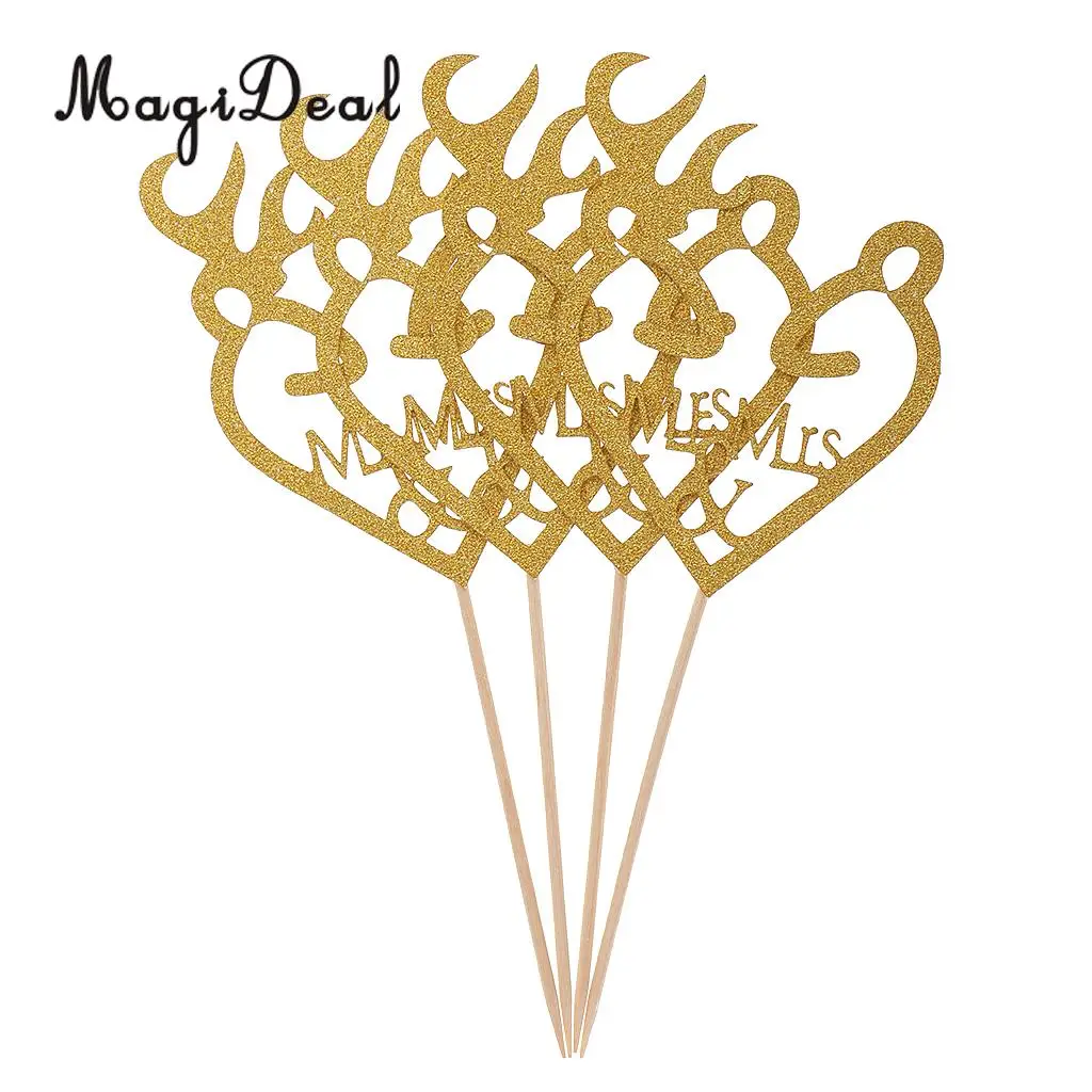 MagiDeal 4Pcs Glitter Antler Style Mr & Mrs Cake Topper Wedding Party Food Picks for Gender Reveal Party Baby Shower Gold/Silver
