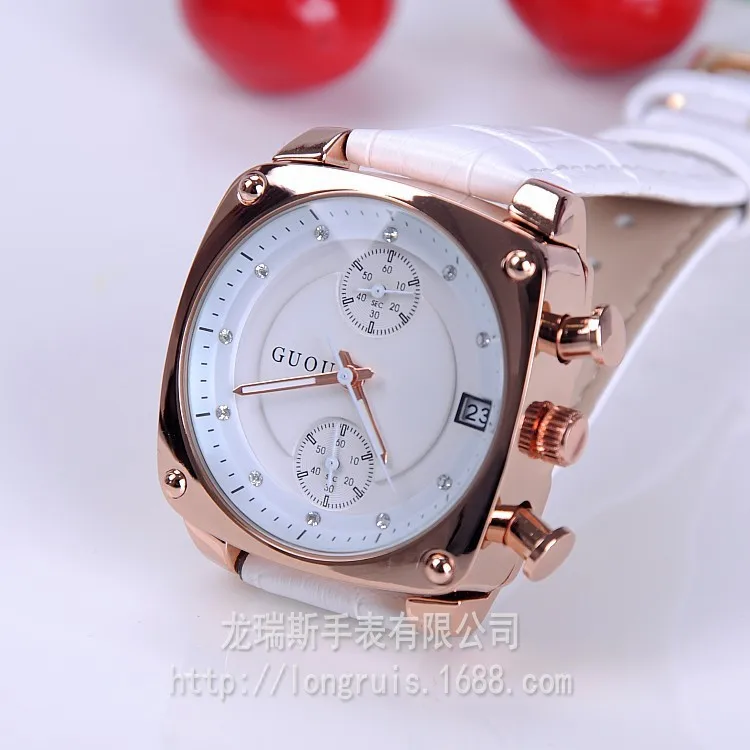 Модные GUOU женские часы с календарем, женские Роскошные наручные часы из натуральной кожи, нарядные часы, 5 квадратных часов, часы-браслет