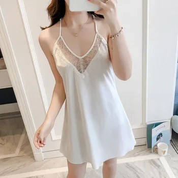 

elegant Women White Satin Nightgown Fashion Lace Trim V-Neck Sleepwear Nightdress Home Dress Elegant Rayon Mini Sleep Gown M-XL