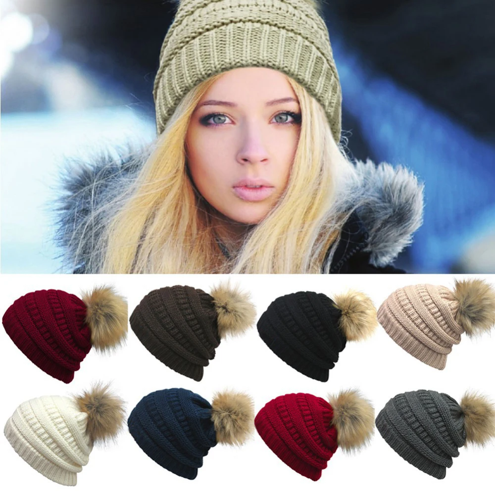 Secret-shop Female Fur Pom Poms hat Winter Hat for Women Girl s Hat Knitted Beanies Cap Hat,Pink with Fur Size Secret-shop Female Fur Pom Poms hat Winter Hat for Women Girl s Hat Knitted Beanies Cap Hat,Pink with Fur Size