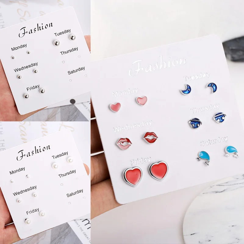

High Quality Heart Leaf Cute Monday To Saturday Stars Women Hot Sale Exquesite 1Set Fashion Jewelry Crytal Zircon Stud Earring