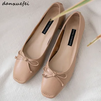 

3 Color women's genuine leather low heel comfortable slipons high quality bowtie korean style autumn female slip-on shoes women