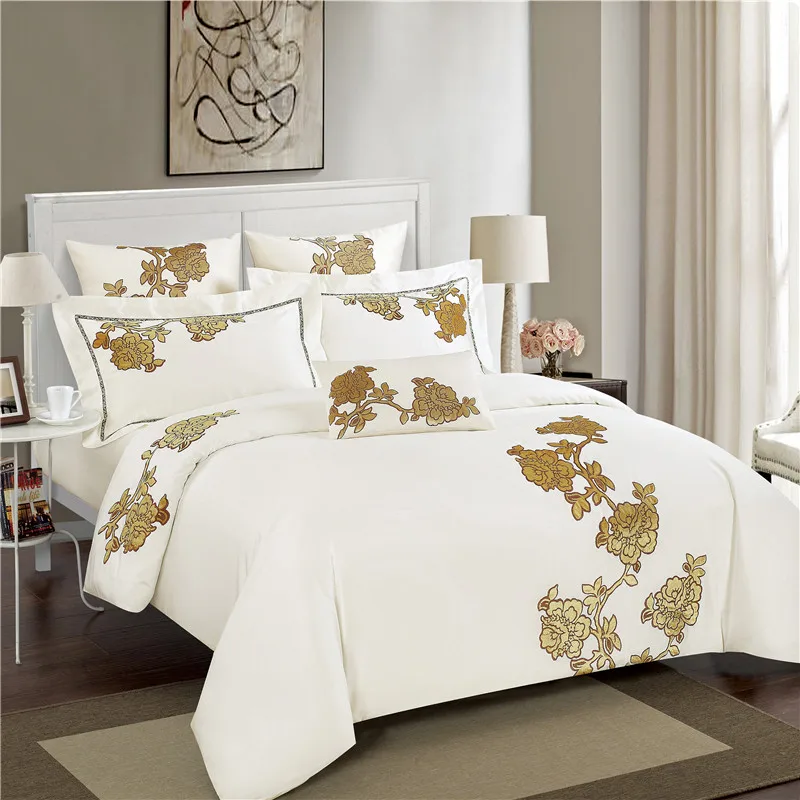 

60S Egyptain Cotton Queen King size Oriental style Bedding set Embroidery Duvet cover Brown Beige Bed sheets set Pillowcase 4Pcs
