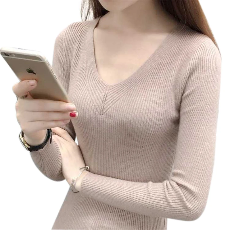 

Autumn V Neck Sweater Knitted Fashion Womens Sweaters 2019 Winter Tops For Women Pullover Jumper Pull Femme Hiver Truien Dames