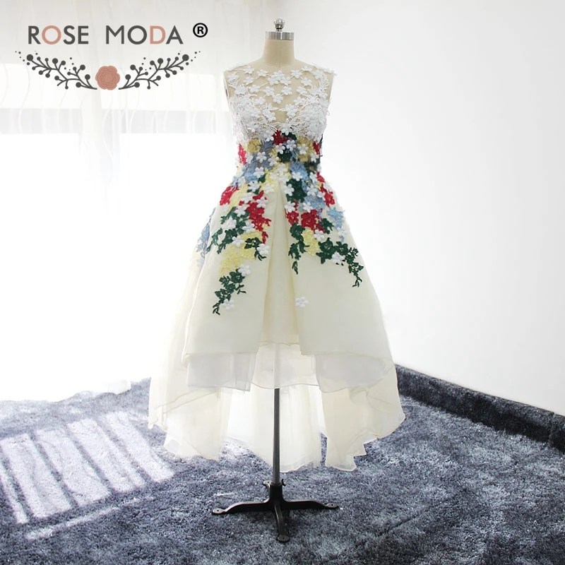 

Rose Moda Multi Colored Laces High Low Graduation Dress Low V Back 3D Flowers Party Dress 2019