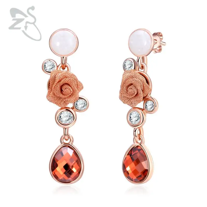 ZS Crystal Drop Earrings Jewelry Flower for Women Vintage Rose Gold Dangle Earring Glass Stone boucle d'oreille femelle | Украшения и