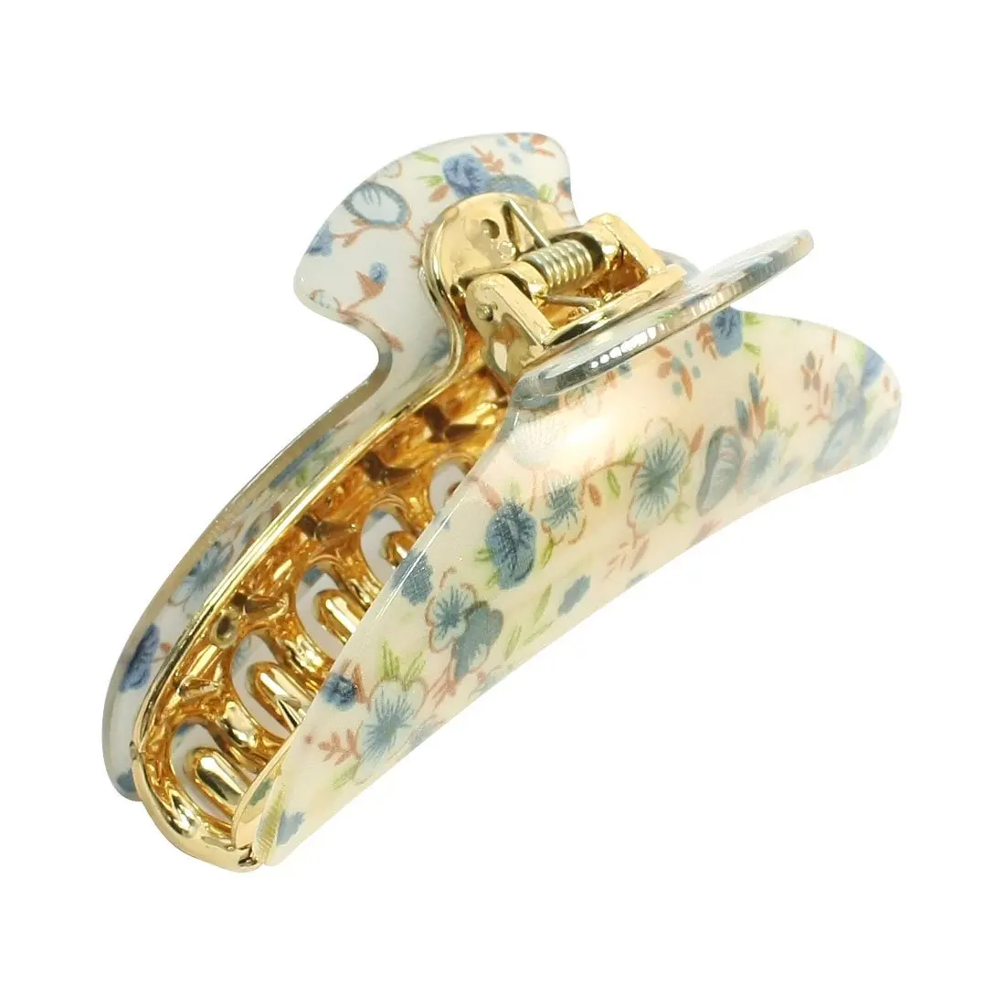 Blue Flowers Printed Spring Loaded Hair Claw Clip for Ladyin Women's