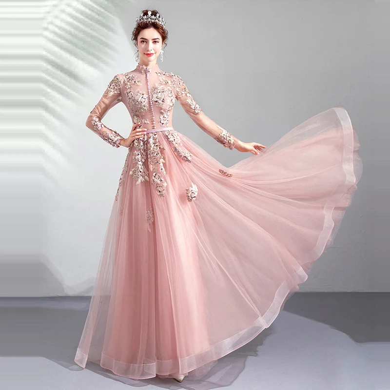 Это Yiya Выпускные платья розовый Высокий воротник с длинными рукавами трапециевидной формы длиной до пола Длинные вечерние платья на заказ плюс размер Выпускные платья E276 - Цвет: pink