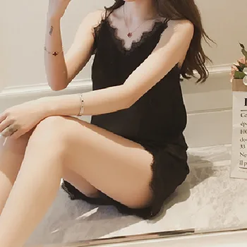 

Summer Women Sexy Pajamas Set V-Neck Silk Chiffon Sleepwear Strap Clothes 2PCS Top+Shorts Lingerie Pajamas Sleeveless Cami Top