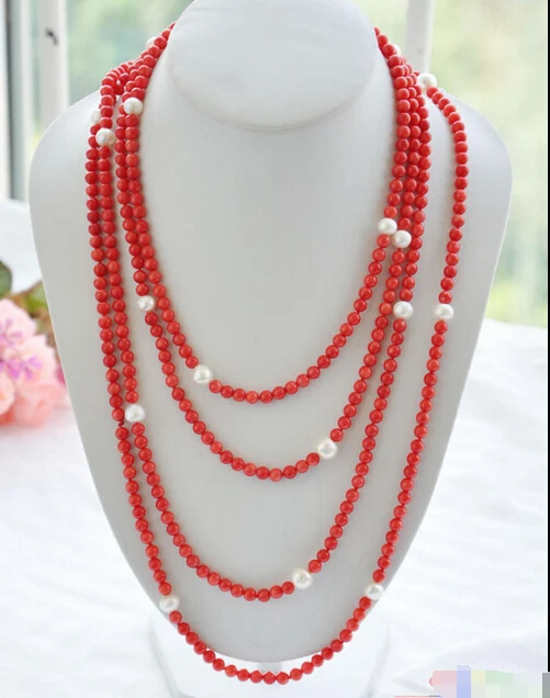 

Wholesale FREE SHIPPING >>> S1684 100" 10mm round freshwater white pearl red coral bead necklace