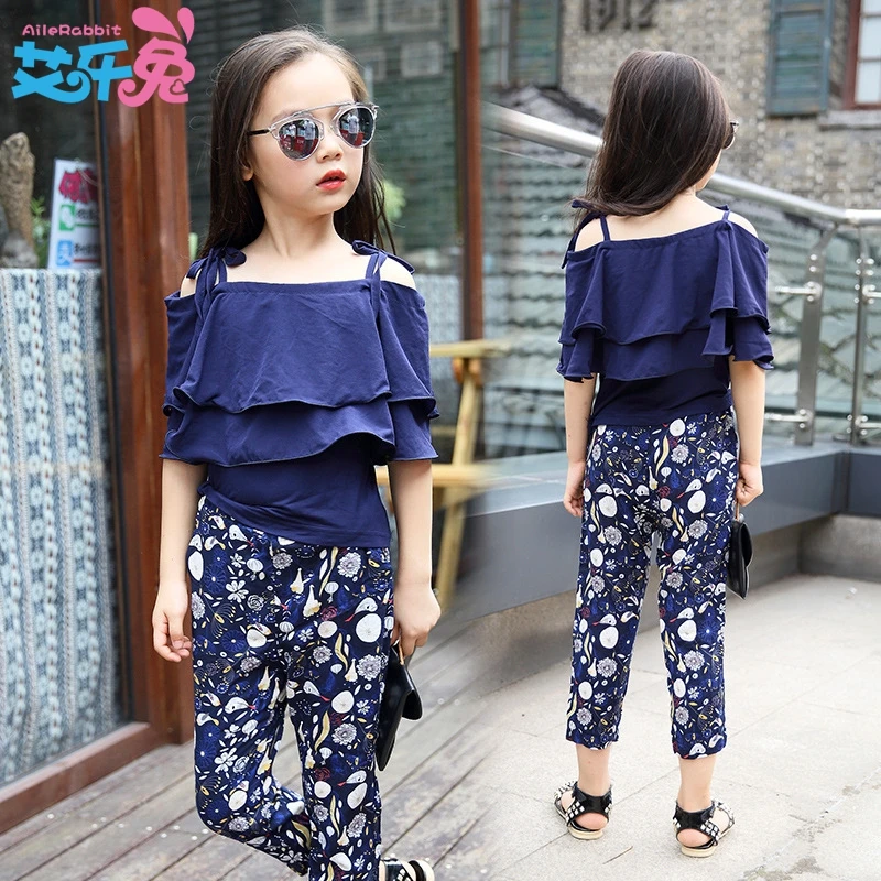

Summer 2019 Kids Clothes Set Toddler Girl Cotton Off The Shoulder Shirt + Folral Pant 2pcs Girls Boutique Outfits 6 8 9 10 12 14