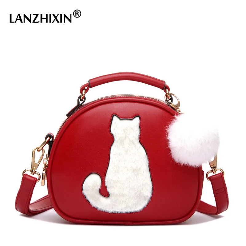 

LANZHIXIN Crossbody Bags for Women 2018 Super Cute Cartoon Cat Bag Hair Ball Ladies Small Round Bag Leather Women Bags bolsos