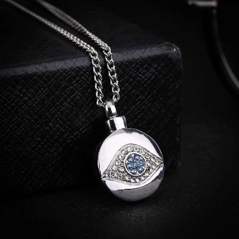 

2018 Fashion Crystal Round Evil Eye Metal Cremation Necklace Pendant Chain Urn Ash Holder Bottle Perfume Box Memorial Jewelry