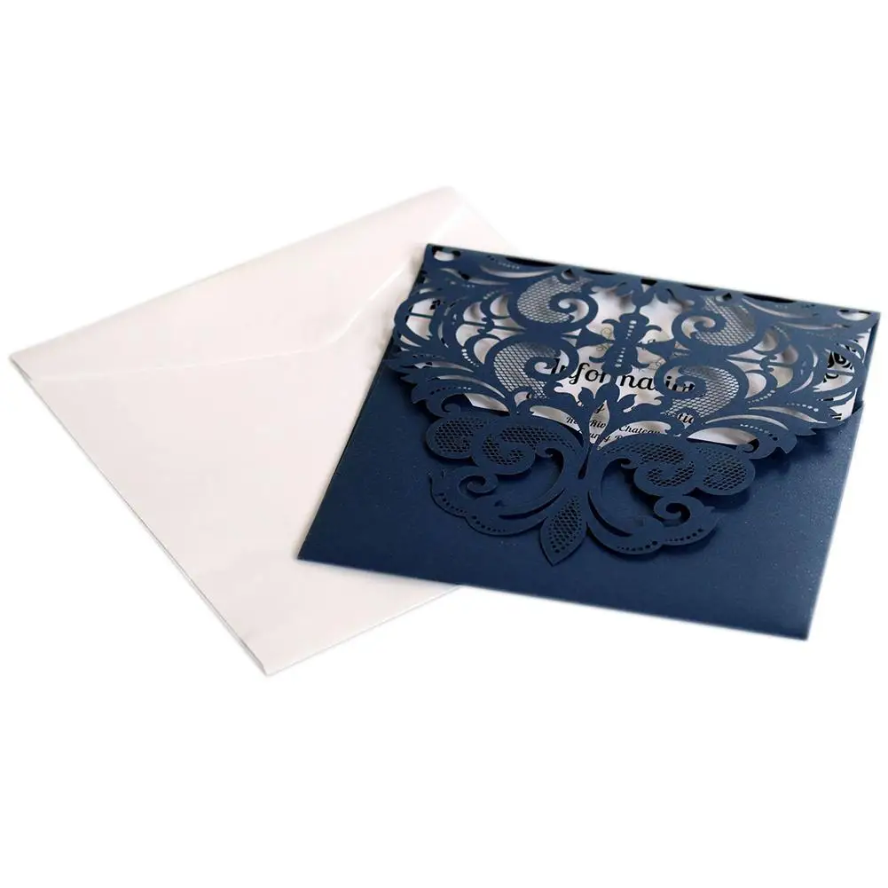  10pcs/set European Style Lace Wedding Invitations Cards Blue Color Laser Greeting Card Wedding Enga - 4.00003E+12