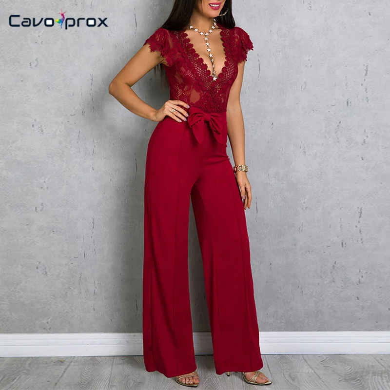 

Women Sexy& Club Lace Bodice Bowknot Embellished Wide Leg Bodycon Jumpsuit Solid Plunge V-neck Office Lady Elegant Jumpsuits