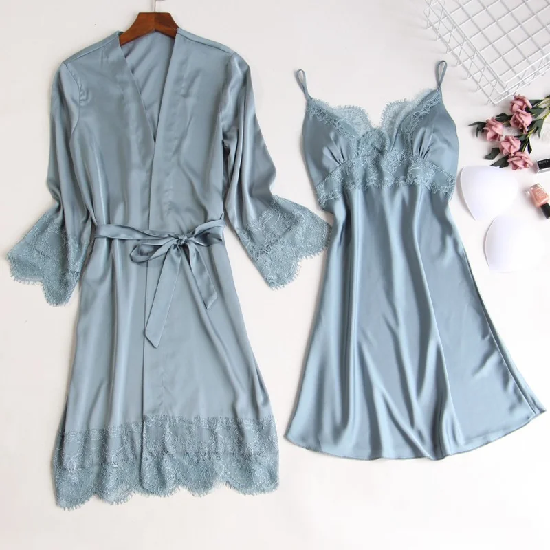 

Women's Summer Robe & Gown Sets Luxury Padded Nightdress + Bathrobe Two Pieces Female Sexy Nightwear Sleepwear Sets Pink Robes