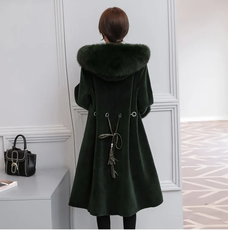 UHYTGF модное негабаритное зимнее меховое пальто с воротником из лисьего меха для женщин с капюшоном, стрижка овец, теплая длинная верхняя одежда, элегантное женское пальто 1099