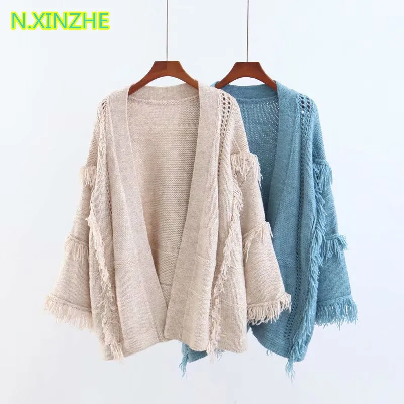 

2018 women clothing long sleeve tassel solid thick sweater hand knitted Tops Female fashion casual loose cotton cardigans coat